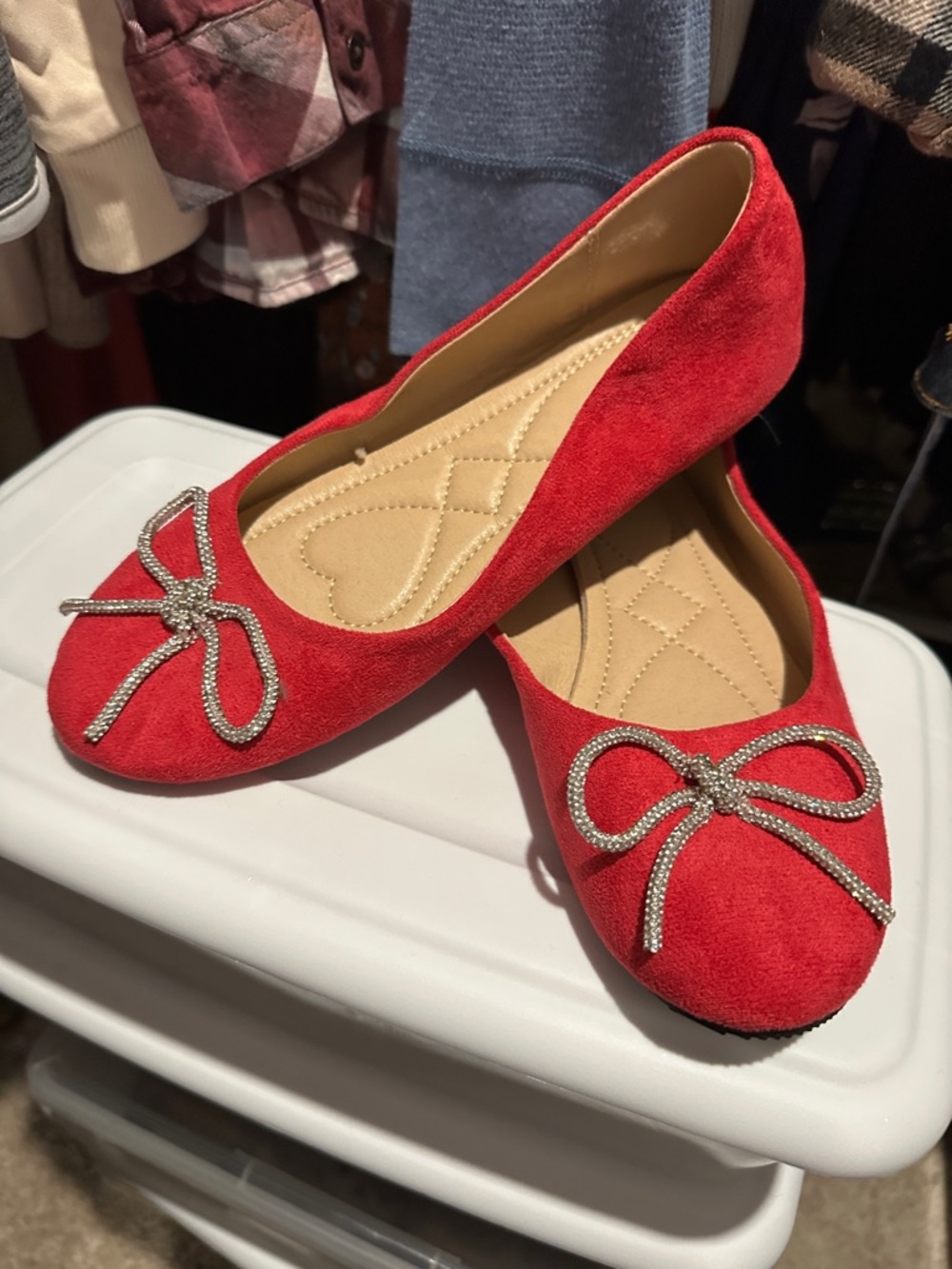 Red Suede Ballet Flats with Rhinestone Bow